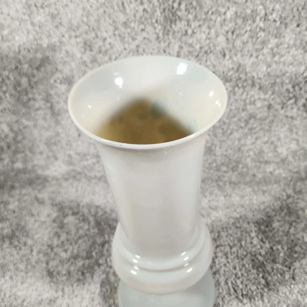 Vase White Floral Hand Painted Glass - Mid Century‎ Modern